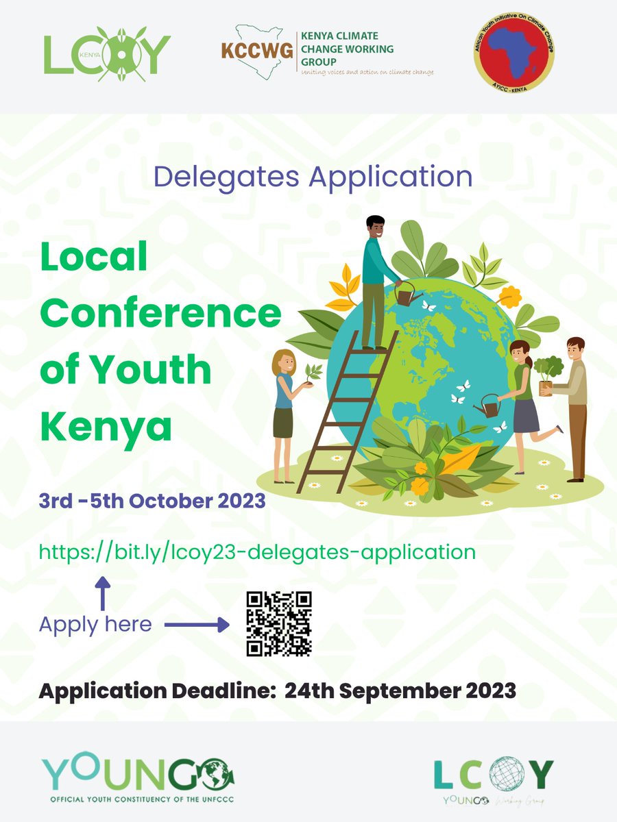 Calling all young climate champions! We are now accepting DELEGATE APPLICATIONS for LCOY Kenya 2023. 

Be a part of the Local Conference of Youth 2023 and lead the way ahead of COP28 &amp; COY18!  

Apply here bit.ly/lcoy23-delegat… 

#LCOY2023 #YouthForClimate #ClimateAction