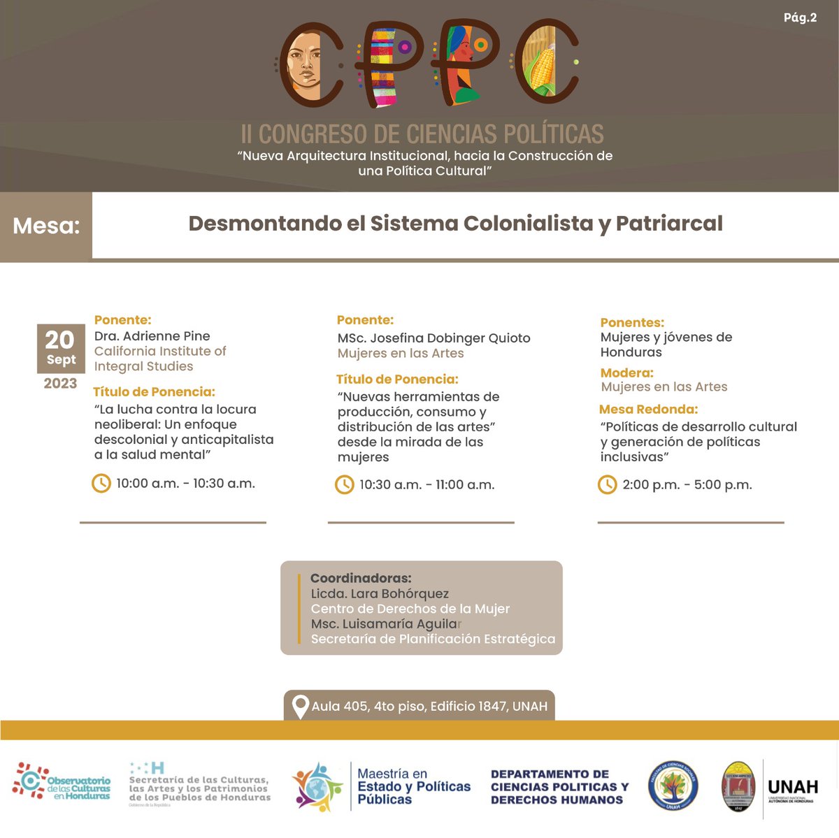 SECAPPH's tweet photo. 💫Te compartimos el calendario de actividades para el 20 de septiembre en el II Congreso de Ciencias Políticas 📆

📍 Universidad Nacional Autónoma de Honduras, Tegucigalpa.

#Ciencias #Políticas #Honduras #UNAH #SECAPPH #ObservatoriodelasCulturas https://t.co/RX0kaZOsPS