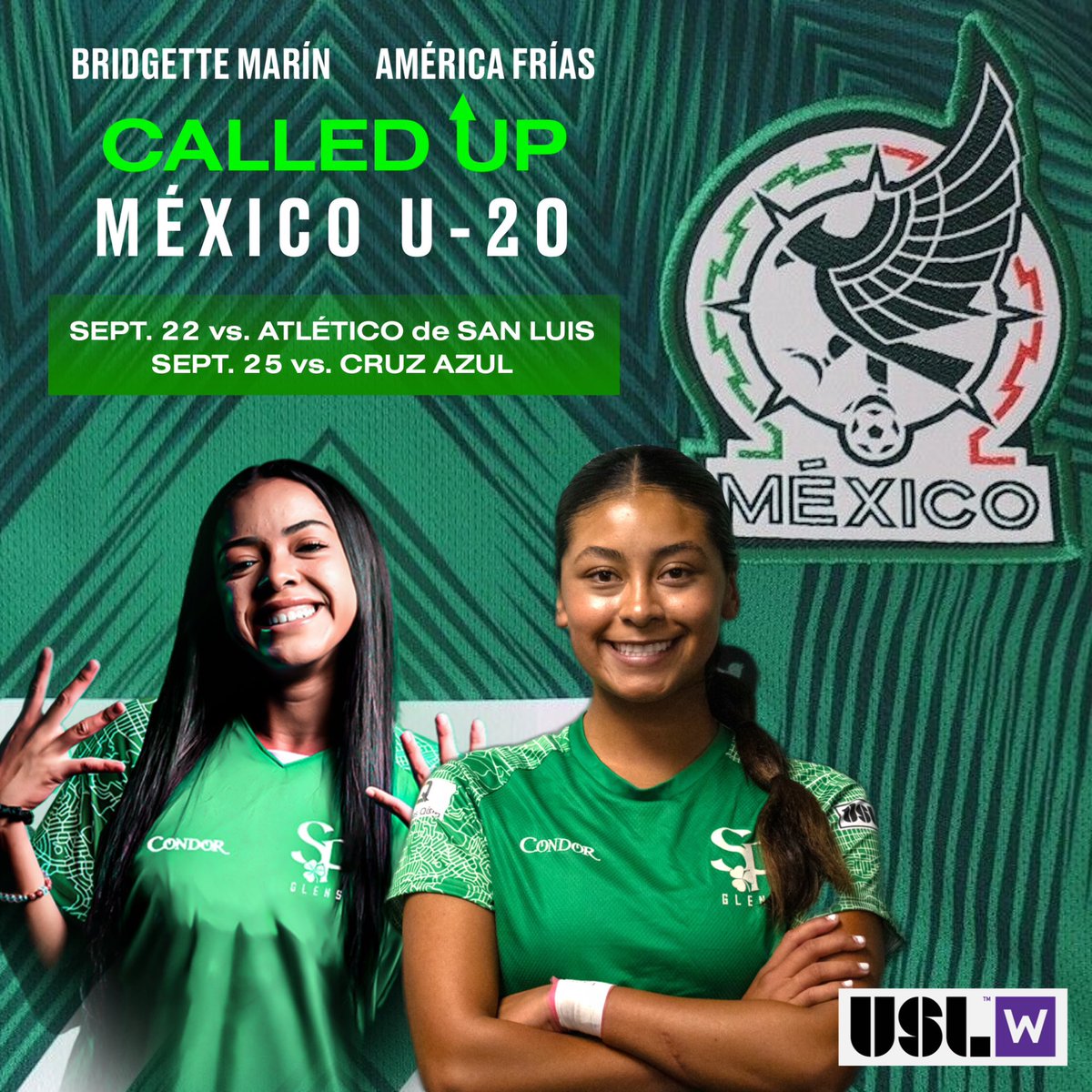 🇲🇽 Felicidades/Congrats to our <a href="/USLWLeague/">USL W League</a> Glens at <a href="/UCLAWSoccer/">UCLA Women's Soccer</a>, <a href="/AmericaFrias4/">America Frias</a> and Bridgette Marín, who were called up to the <a href="/Miseleccionfem/">Selección Nacional de México Femenil</a> #Sub20Fem for games against Atlético de San Luis and Cruz Azul! 

#UpTheGlens | #InternationalGlens | #ForTheW