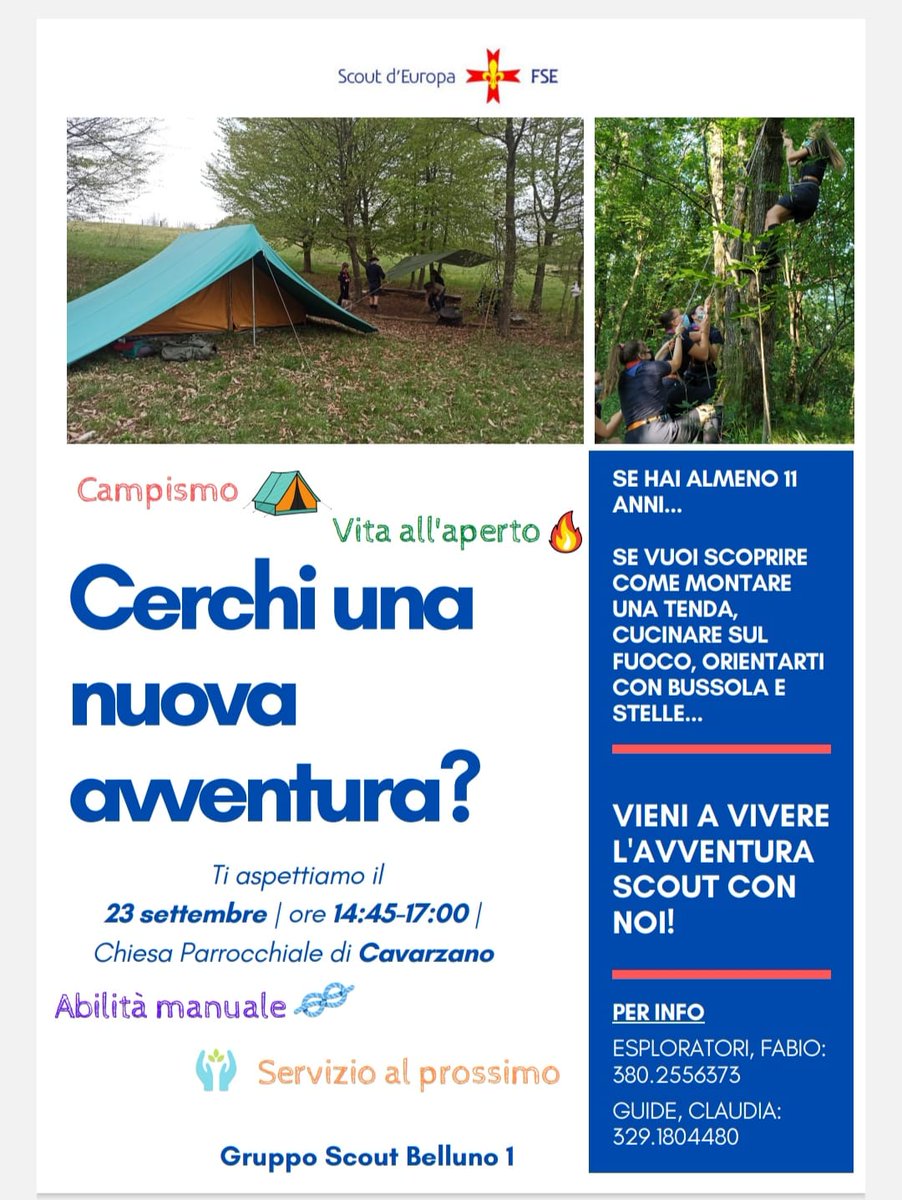 Ragazze, ragazzi e #famiglie d'Italia, venite a scoprire l'avventura di Guide e #Scout d'#Europa Italiani Cattolici!  Sabato 23, a #Belluno