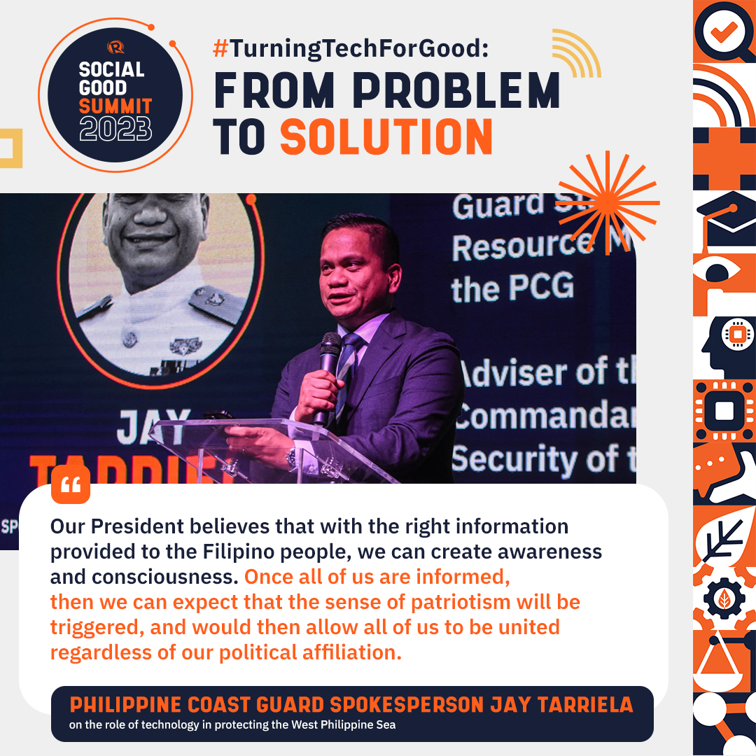 rapplerdotcom's tweet photo. Philippine Coast Guard spokesperson Jay Tarriela said technology has empowered Filipinos to push back against China’s attacks on the West Philippine Sea by providing them with the information they need about the issue. #SGS2023 #TurningTechForGood https://t.co/DVnFwcXW1H https://t.co/iPpjTS10i2