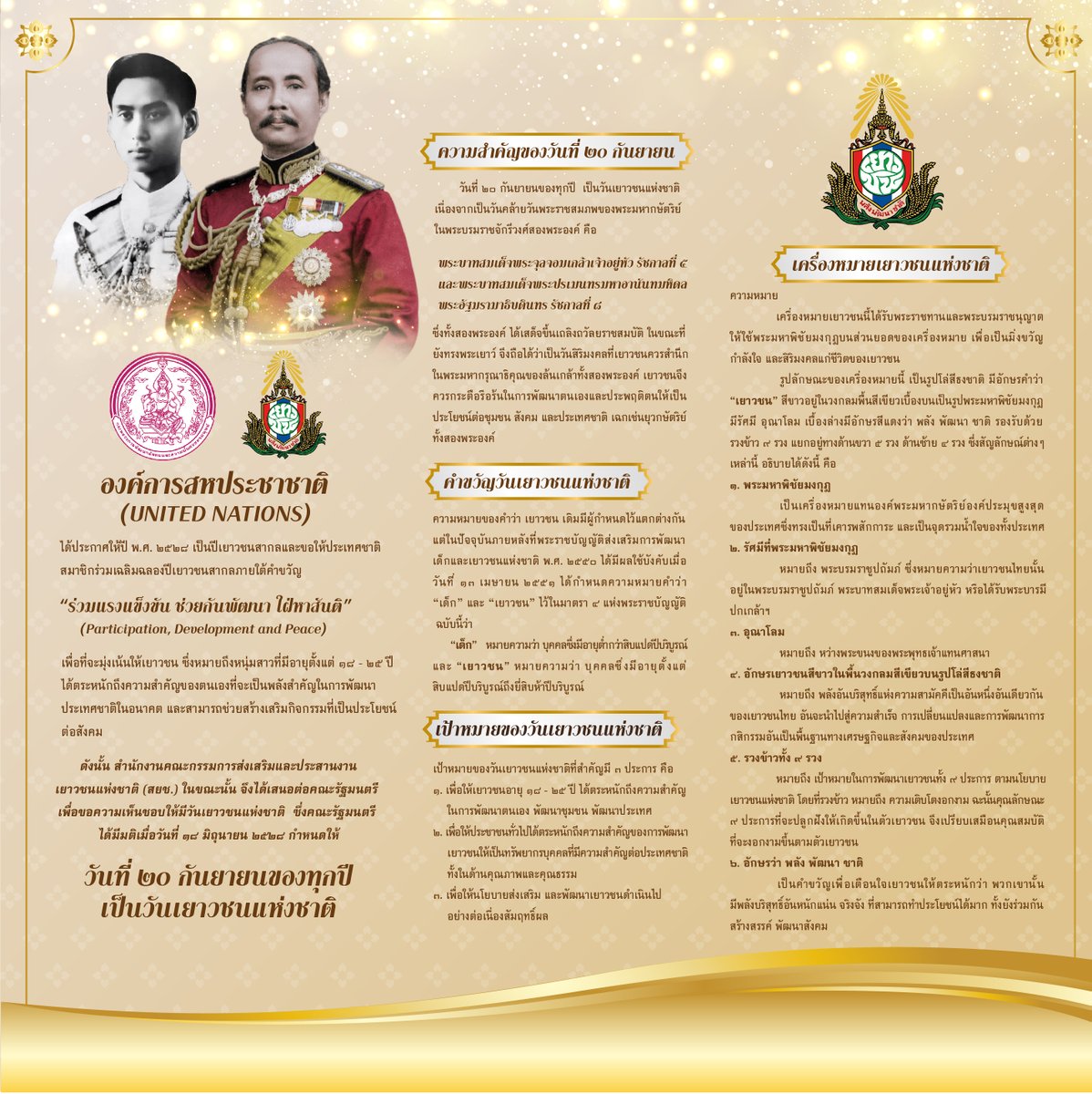 20 กันยายน วันเยาวชนแห่งชาติ

"ร่วมแรงแข็งขัน ช่วยกันพัฒนา ใฝ่หาสันติ"
(Participation, Development and Peace)

dcy.go.th/multimedias/16…