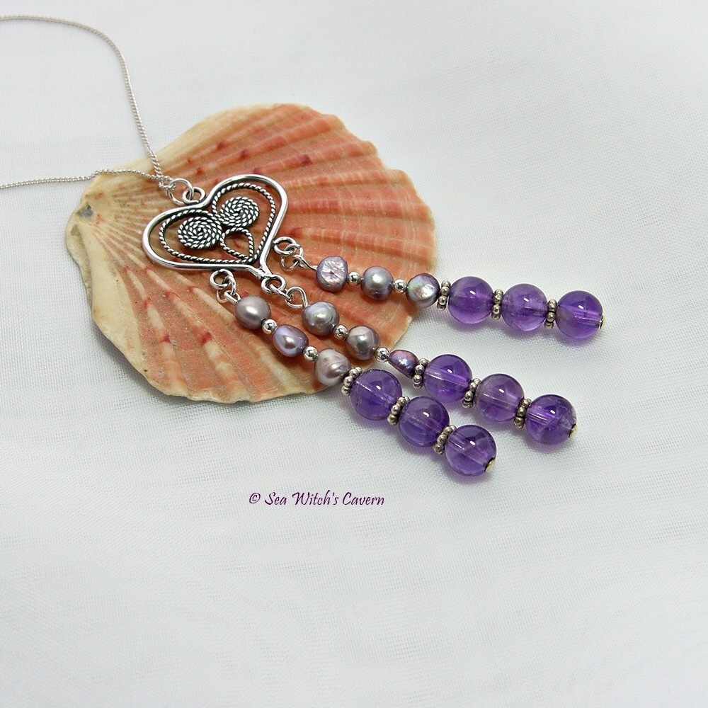 Beautiful Amethyst birthstone necklace with freshwater pearls and sterling silver. A unique gift for a lady born in February. etsy.me/2jJqt3M  #birthstonegift
#MHHSBD