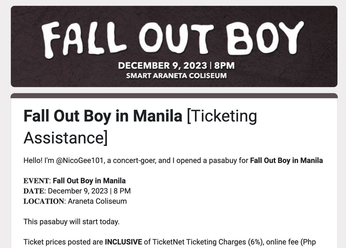 wts lfb ticket tpa 

FORM: forms.gle/hAPi9k8T4Ptaef…

📢Ticketing assistance / pasabuy / pasabay for Fall Out Boy in Manila is now open✨
 
✅ Starts at Php 200

💌Kindly FILL OUT if interested
#FOBinManila #FallOutBoy #FallOutBoyInManila #FallOutBoyAtTheBigDome #FOBAtTheBigDome