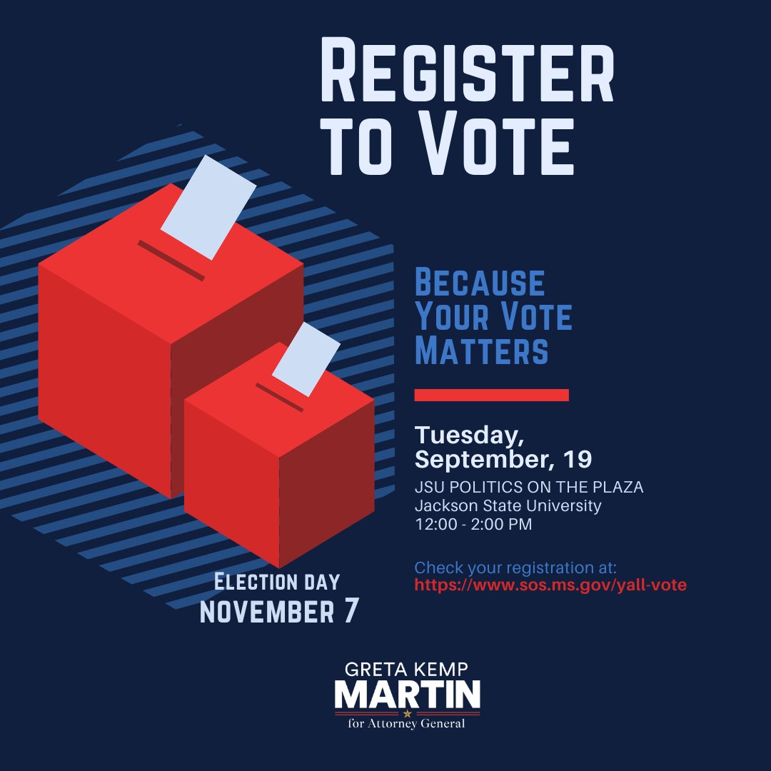 We'll be spending #VoterRegistrationDay on the #campaigntrail at Jackson State University! Looking forward to meeting students and faculty. You must register by October 10 to vote on November 7. Check your registration at sos.ms.gov/yall-vote

#gretaforag #election2023