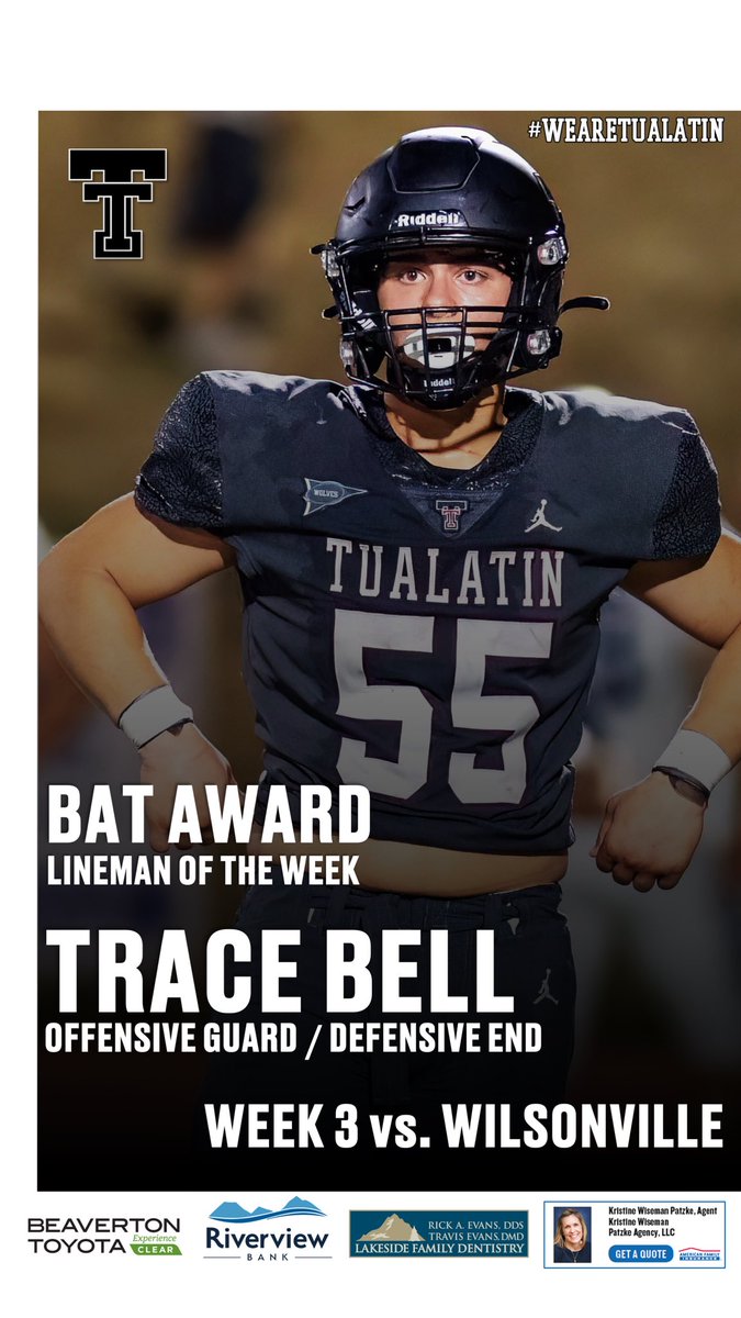 Tualatin Timberwolves Football (@tualatinhsfb) on Twitter photo Week 3 Players of the Week
vs. Wilsonville
O - Ryder Jones
D - <a href="/kenenelder_/">Kenen Elder</a>
BAT Award - <a href="/tracebell53/">Trace Bell</a>
#WeAreTualatin Week 3 Players of the Week
vs. Wilsonville
O - Ryder Jones
D - <a href="/kenenelder_/">Kenen Elder</a>
BAT Award - <a href="/tracebell53/">Trace Bell</a>
#WeAreTualatin