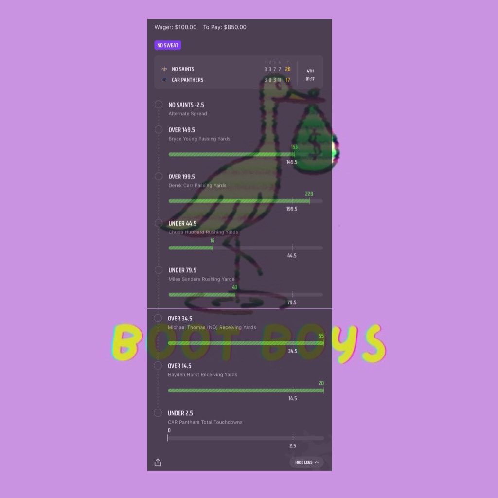 bootboyspicks's tweet image. 🚨🚨🚨Been a wild past few days for the Boot Boys🚨🚨🚨
Starting off with CFB on Saturday, then NFL on Sunday and Monday✅✅✅
Saturday - $66.50 —-&amp;gt;$890.48🔥🔥🔥
Sunday - $50 —-&amp;gt; $469.75 🔥🔥🔥
Monday - $188 —-&amp;gt; $1034.24🔥🔥🔥
Monday - $100 —-&amp;gt; $850 🔥🔥🔥