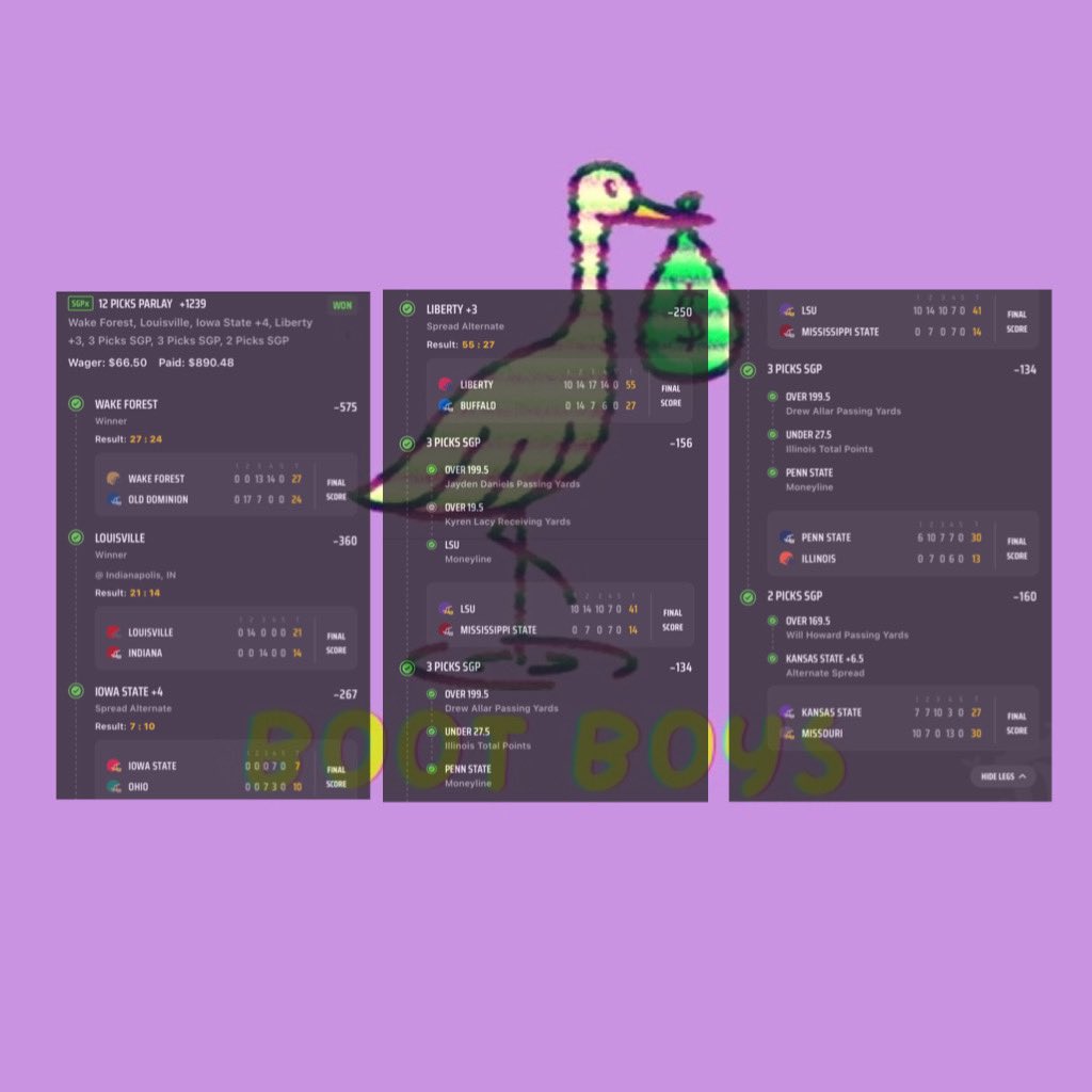 bootboyspicks's tweet image. 🚨🚨🚨Been a wild past few days for the Boot Boys🚨🚨🚨
Starting off with CFB on Saturday, then NFL on Sunday and Monday✅✅✅
Saturday - $66.50 —-&amp;gt;$890.48🔥🔥🔥
Sunday - $50 —-&amp;gt; $469.75 🔥🔥🔥
Monday - $188 —-&amp;gt; $1034.24🔥🔥🔥
Monday - $100 —-&amp;gt; $850 🔥🔥🔥