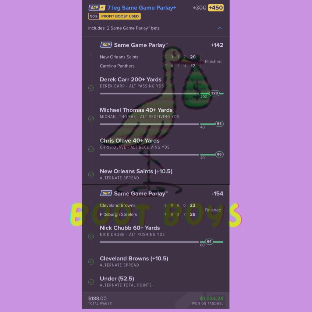 bootboyspicks's tweet image. 🚨🚨🚨Been a wild past few days for the Boot Boys🚨🚨🚨
Starting off with CFB on Saturday, then NFL on Sunday and Monday✅✅✅
Saturday - $66.50 —-&amp;gt;$890.48🔥🔥🔥
Sunday - $50 —-&amp;gt; $469.75 🔥🔥🔥
Monday - $188 —-&amp;gt; $1034.24🔥🔥🔥
Monday - $100 —-&amp;gt; $850 🔥🔥🔥