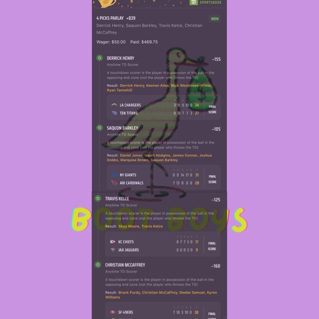 bootboyspicks's tweet image. 🚨🚨🚨Been a wild past few days for the Boot Boys🚨🚨🚨
Starting off with CFB on Saturday, then NFL on Sunday and Monday✅✅✅
Saturday - $66.50 —-&amp;gt;$890.48🔥🔥🔥
Sunday - $50 —-&amp;gt; $469.75 🔥🔥🔥
Monday - $188 —-&amp;gt; $1034.24🔥🔥🔥
Monday - $100 —-&amp;gt; $850 🔥🔥🔥