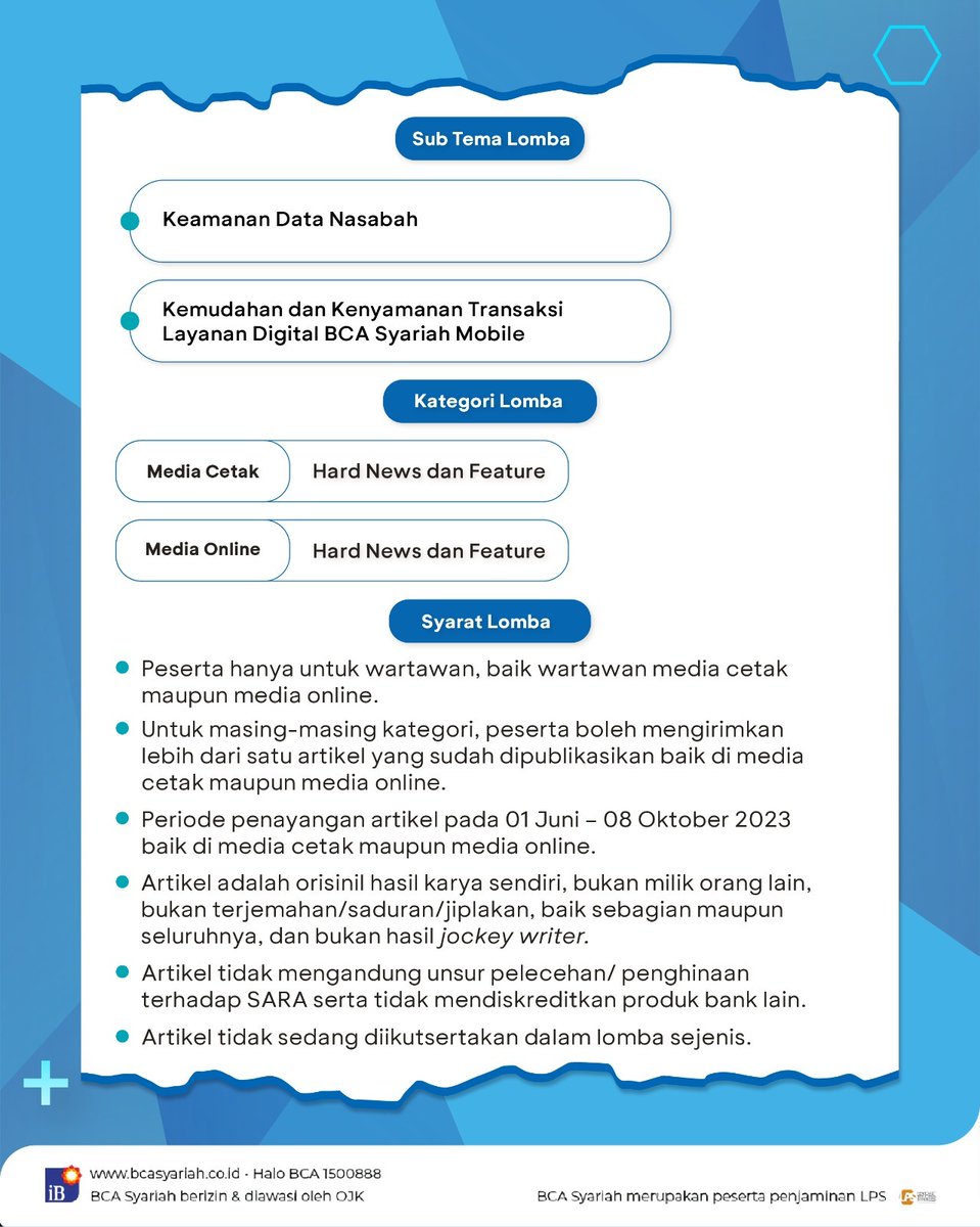 Bisniscom's tweet photo. Halo Sobat Bisnis!
PT Bank BCA Syariah akan menyelenggarakan Journalists Writing Competition dengan tema Modernisasi Layanan Bank Syariah dan total hadiah sebesar Rp30 juta.
Yuk daftar di sini: https://t.co/3DMSLk2eMd
#BCASyariah #BCA #JournalistCompetition https://t.co/mClAjruSLa