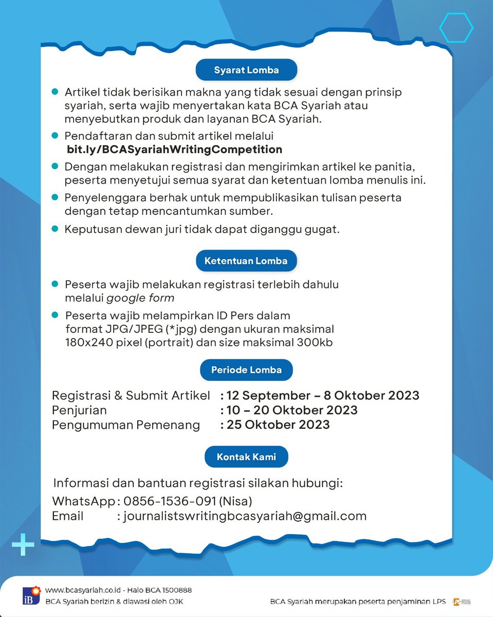 Bisniscom's tweet photo. Halo Sobat Bisnis!
PT Bank BCA Syariah akan menyelenggarakan Journalists Writing Competition dengan tema Modernisasi Layanan Bank Syariah dan total hadiah sebesar Rp30 juta.
Yuk daftar di sini: https://t.co/3DMSLk2eMd
#BCASyariah #BCA #JournalistCompetition https://t.co/mClAjruSLa