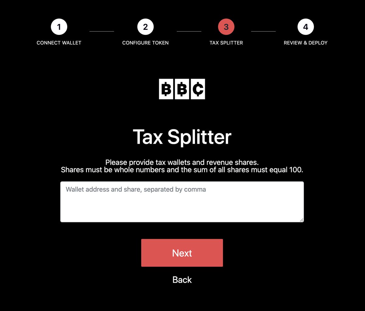 The BBC token deployer app is about to hit mainnet. It allows founders to deploy tax tokens with novel features, including automatically adding a % of taxes to the LP, burning a % of tokens, bot protection, and many others. Also supports allowlisting for early trading.
