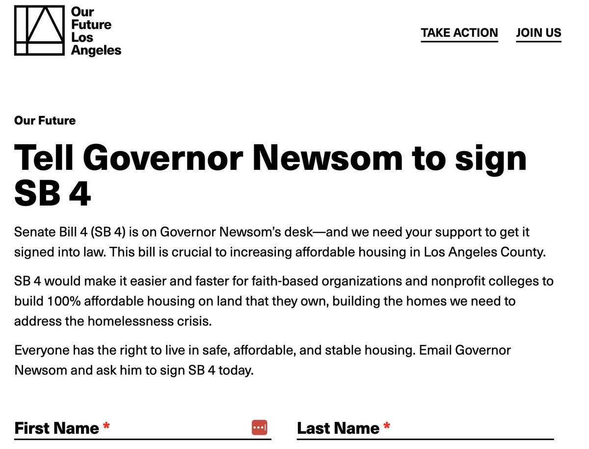 ANDCampaignLA's tweet image. Please help! This one-click form will send Gov Newsom an email to support churches that want to house our sisters and brothers in crisis: ourfuture.la/campaign/sb-4/