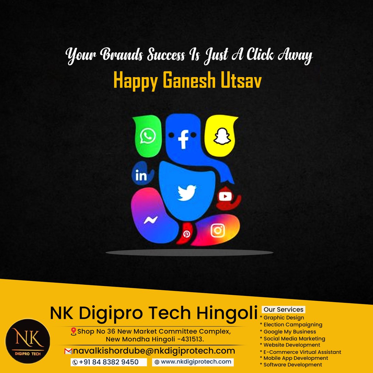 Nkdigiprotech's tweet photo. Your Brands Success Is Just A Click Away
Happy Ganesh Utsav
-NK Digipro Tech,Hingoli.
#ganpatibappamorya #ganpatibappa #ganpati
#socialmediamarketing #digitalmarketingagency
#nkdigiprotech https://t.co/uhBhz6PKd7
