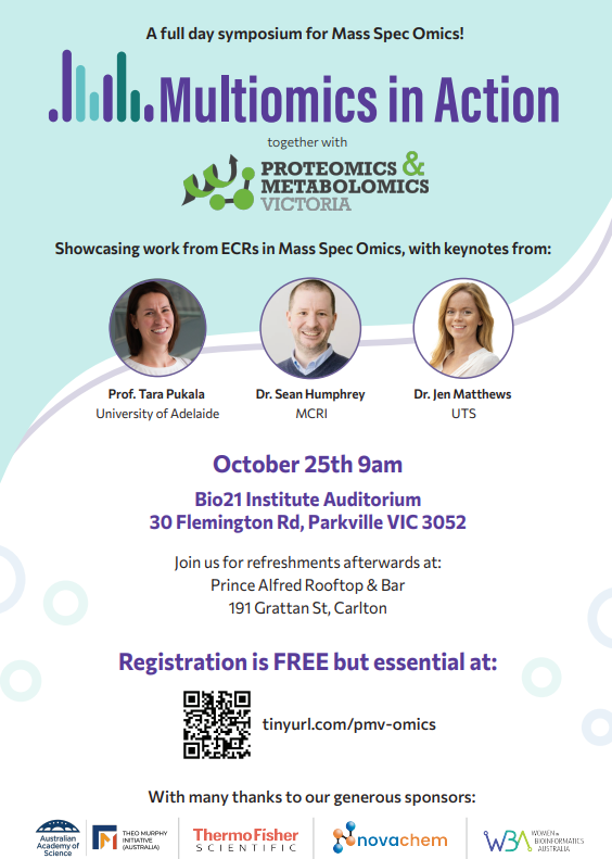 Join us for the next all-day PMV symposium on the 25th of October at Bio21. In tandem with the ECR “Multiomics in Action” event showcasing work from exceptional ECR's. Morning/afternoon tea and after event refreshments are provided. Register free at tinyurl.com/pmv-omics