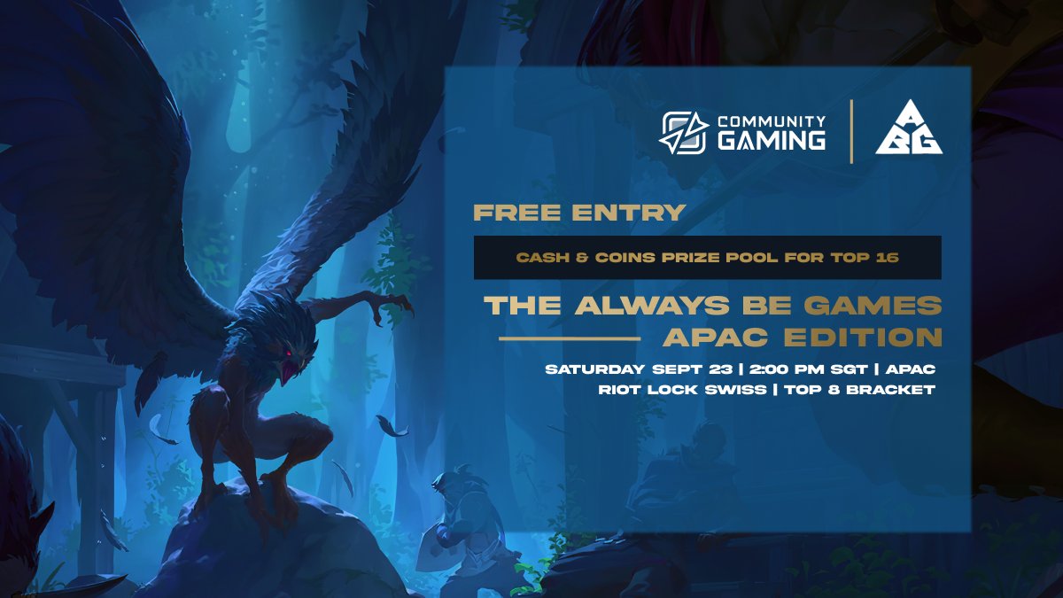 The 6th Always Be Games - APAC Edition
Saturday, September 23 @ 2 PM SGT
Register here: communitygaming.io/tournament/the…
Registration ends 9/23 @ 1:30 PM SGT