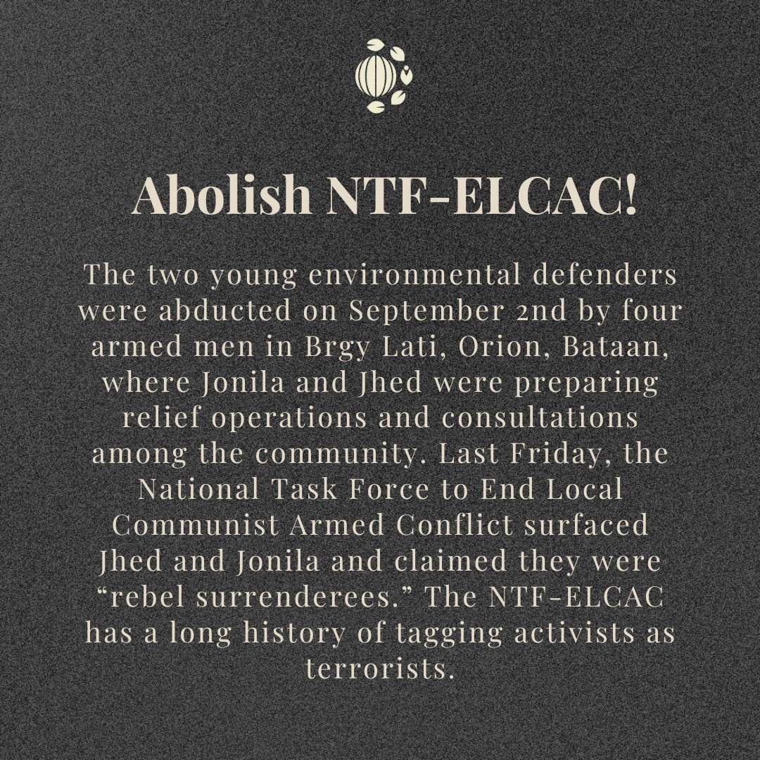 Activists are not terrorists! Release Jhed and Jonila! There is nothing wrong with being anti-reclamation activists. There is nothing wrong with standing alongside fisherfolk and defending our oceans!

#ReleaseJhedAndJonila
#AbolishNTFELCAC
#DefendTheDefenders 
#DefendManilaBay