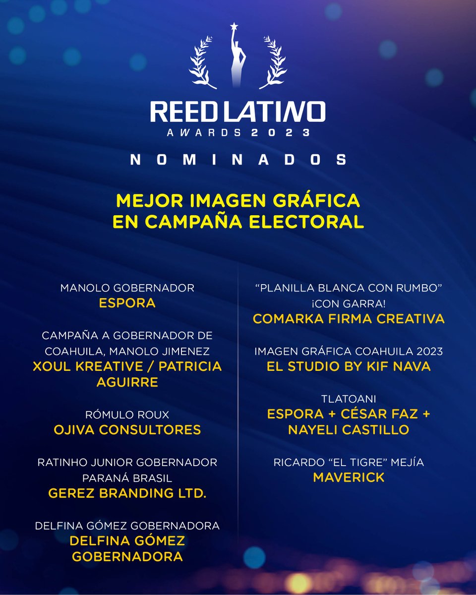 Nominados a MEJOR IMAGEN GRÁFICA EN CAMPAÑA ELECTORAL:

⭐️ <a href="/Atelier_Espora/">Espora</a> 
⭐ <a href="/manolojim/">Manolo Jiménez Salinas</a>
⭐ <a href="/AndreadeAnda/">Andrea</a> 
⭐ <a href="/ratinho_jr/">@ratinho_jr</a> 
⭐ <a href="/HeuristicaCom/">Heurística</a> 
⭐ <a href="/SomosComarka/">Comarka Firma Creativa</a>
 ⭐ EL STUDIO BY KIF NAVA
⭐ MAVERICK