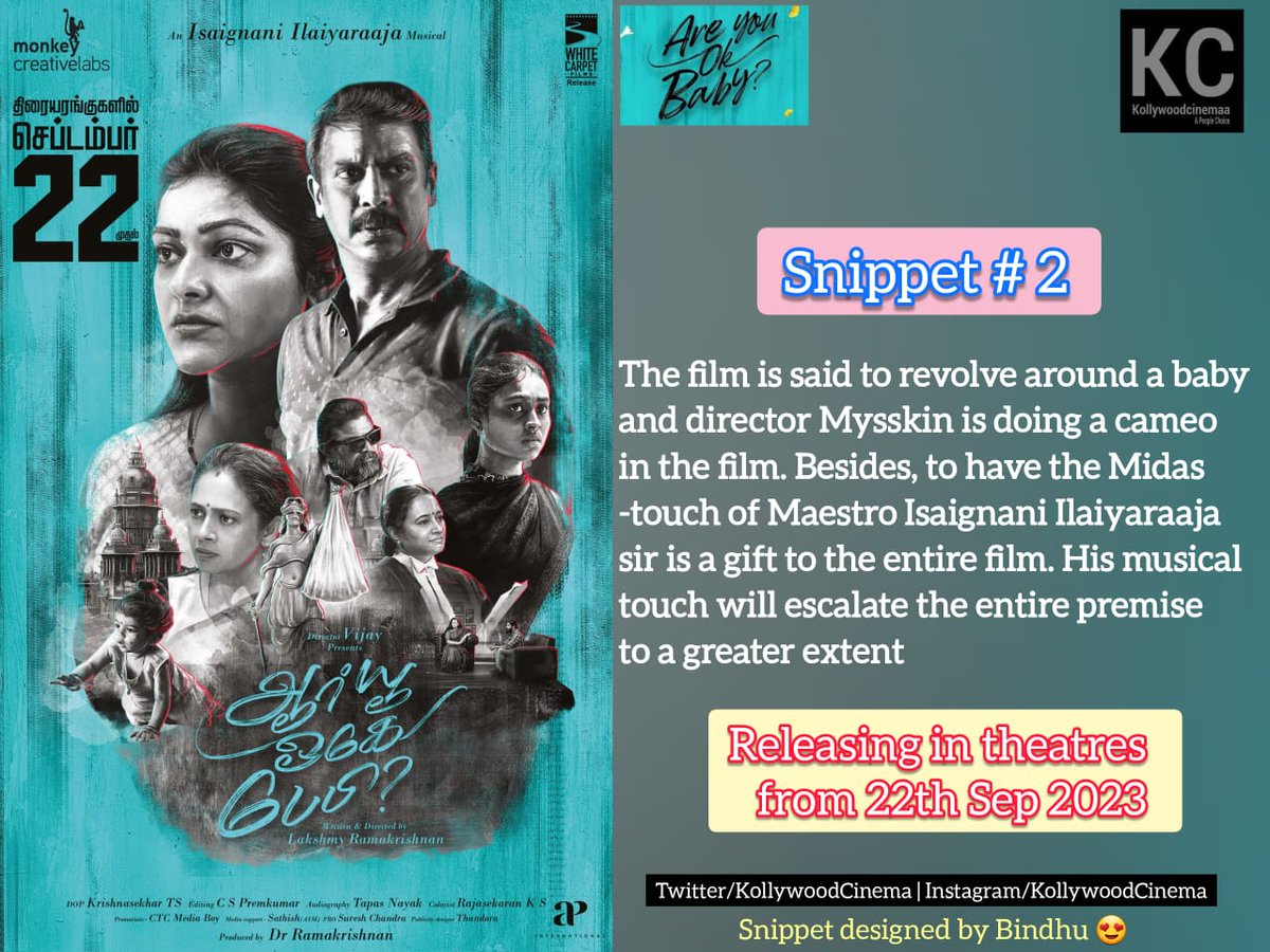 KollywoodCinima's tweet photo. #KollywoodCinima #KcSnippets for #AreYouOkBaby #AYOB by #Bindhu
🎬 @LakshmyRamki
🎸 @ilaiyaraaja
💰 @WCF2021
💰 #MonkeyCreativeLabs #Dstudios
🌟 @thondankani @DirectorMysskin
🌟 @ashokactor @VinodhiniUnoffl
🌟 #Abhirami #DirVijay #Naren
📣 @donechannel1 @teamaimpr https://t.co/RjwgHhEfWH