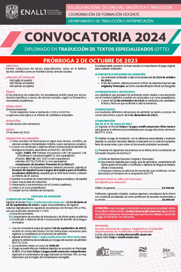 Prórroga. Se amplía el registro para el DTTE 2024 (enallt.unam.mx/.../convocator…) y el DFTL 2024-2025 (enallt.unam.mx/.../convocator…), al 02/10/2023. Agradecemos RT o Compartir