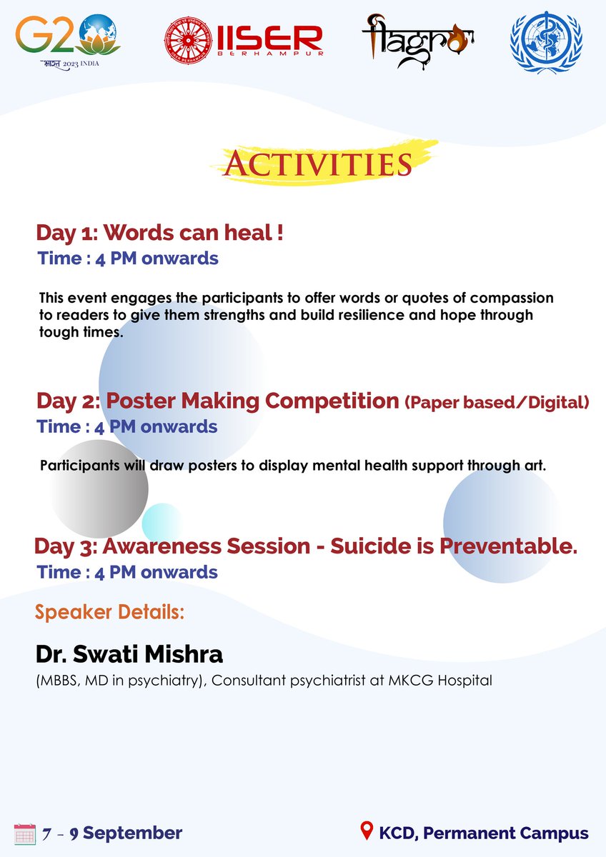 flagro_iiserbpr's tweet photo. On the ocassion of World Suicide Prevention Day #WSPD , Councelling cell in collaboration  with @flagro_iiserbpr, @IISER_BERHAMPUR organized 3 day Programme from 7-9 September. 
Theme: "Create hope through Action" https://t.co/XEPqaeYRQq