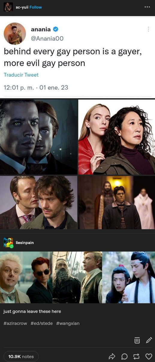 lyson_pain's tweet image. Behind every gay person, is a gayer more evil gay person.
#hannigram #aziracrow #edstede #Interviewwiththevampire #killingeve #WWDITS #WangXian