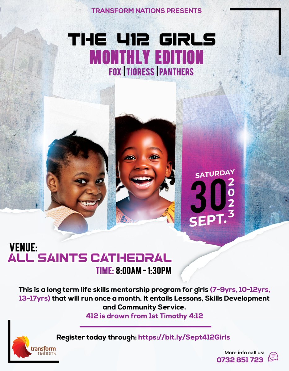 The 412 Girls Mentorship Program.  
This is a long-term Life Skills Mentorship Program for Girls [7-9, 10-12, 13-17 Years Olds].

This will be done once a month and comprises lessons, life skills, community work, and graduation/commissioning.

Reg  Link:bit.ly/Sept412Girls