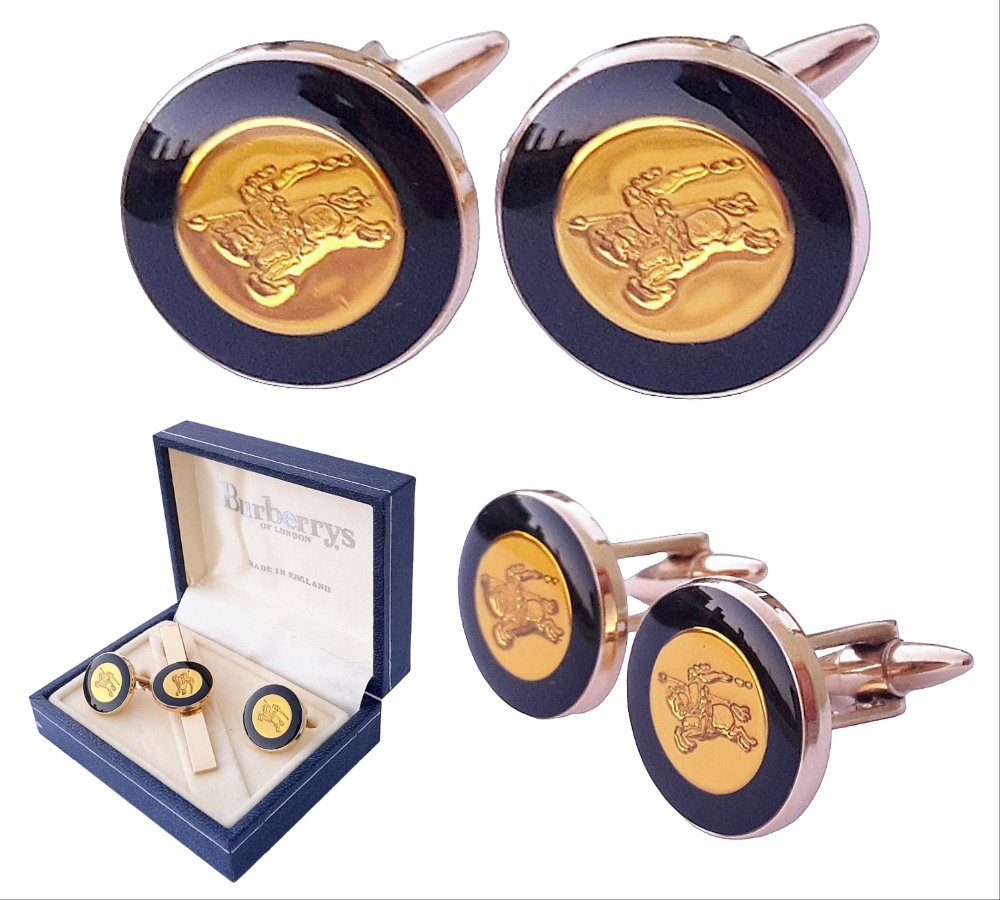 Burberry #Cufflinks &amp; Tie Bar Set - NEW #vintage 90s - Original Burberrys Of London Case - #etsygifts #giftsforhim Cuff Links shorturl.at/rtAT3 via #etsyshop