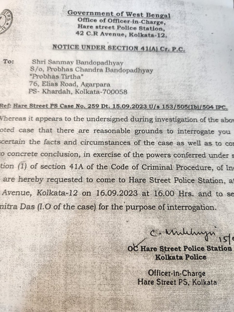 SuvenduWB's tweet photo. I would like to ask the Authorities of Hare Street Police Station & Lalbazar, when are they planning to summon CM Mamata Banerjee to question her regarding the Hare Street PS Case No. 259, Dated 15/09/2023, U/s 153/505(1b)/504 IPC?

It can be seen in a viral video that the CM is making a statement; which clearly indicates that she has certain information which can help the Authorities with their investigation. 
The video; annexed herewith, has already gone viral in various social media platforms.

The Police sprang into action after a complaint was filed by the Director of Information & E. O. Special Secretary of the Information and Cultural Affairs Department, WB Govt, against Shri Sanmoy Banerjee of 'Banglar Barta' fame. It's only logical that they must go the full length in order to extract information in this matter and the CM seems to have the complete information. 

Also I am very much concerned about the FRAGILE Law & Order situation of WB, as a simple Facebook post can provoke "breach of peace and is likely to cause public unrest" !

Without getting into the factual details of the Case, I would like to say that, it seems the West Bengal Police have got their priorities wrong. They failed miserably when peace was breached in actuality due to the provocation of TMC goons during the Panchayat Elections which caused the death of almost 60 people and hundreds were left grievously injured. The WB Police become toothless tigers when crude bombs are manufactured in the state in industrial scale and are left scattered in the vicinities of residential areas for kids to mistake them as balls only to get fatally injured and in some unfortunate cases even die while trying to play with them.

But the WB Police find their teeth & claws whenever they find an opportunity to confront a journalist.

The WB Govt has launched a crusade against the Press, Media & Journalists. The independent YouTubers generally face their ire the most. They are harassed regularly and the instrument of harassment is generally registration of frivolous cases against them. 

I would conclude by saying that, this is the time of free data; 5G, 6G... & Content Creators. Regulation doesn't mean forceful submission. Just remember what happened to Ravana when he ordered to set Hanuman's tail on fire. The rest as they say is history. Try to learn from history.