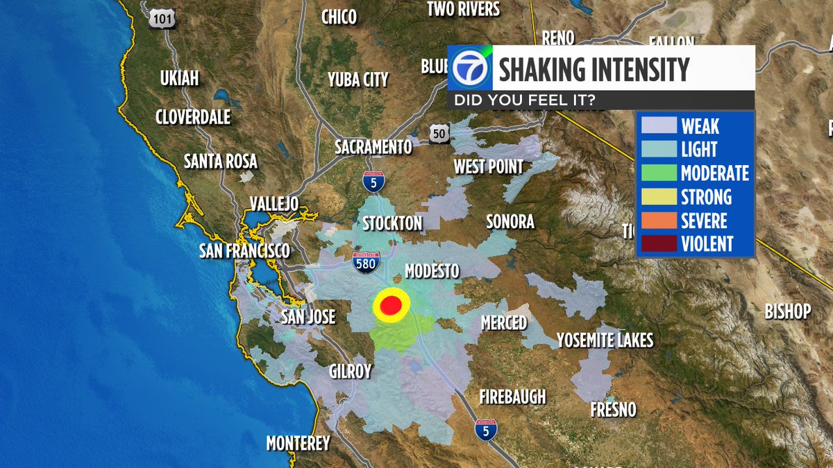 SandhyaABC7's tweet photo. UPDATE: latest Shake Intensity map shows many more people report feeling that 4.4 earthquake SSW of Westley tonight. #earthquake https://t.co/HpQouv0J22
