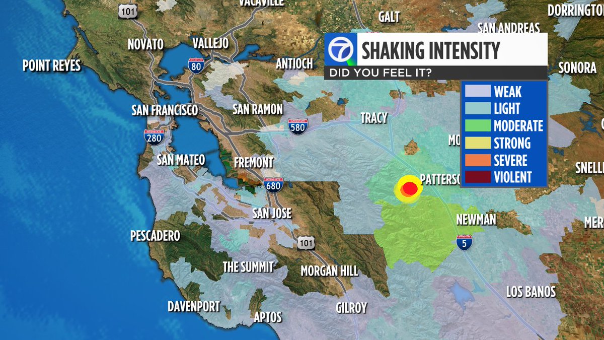 SandhyaABC7's tweet photo. UPDATE: latest Shake Intensity map shows many more people report feeling that 4.4 earthquake SSW of Westley tonight. #earthquake https://t.co/HpQouv0J22