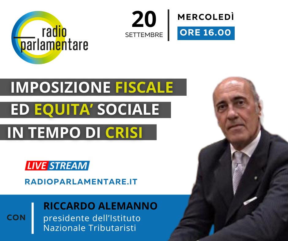 Domani, alle ore 16.00, parleremo di politiche fiscali ed equità sociale con il presidente dell' <a href="/ITributaristi/">Istituto Nazionale Tributaristi</a>, <a href="/R_Alemanno/">Riccardo Alemanno</a>. Prove tecniche in vista della legge di bilancio. Seguiteci in diretta su radioparlamentare.it