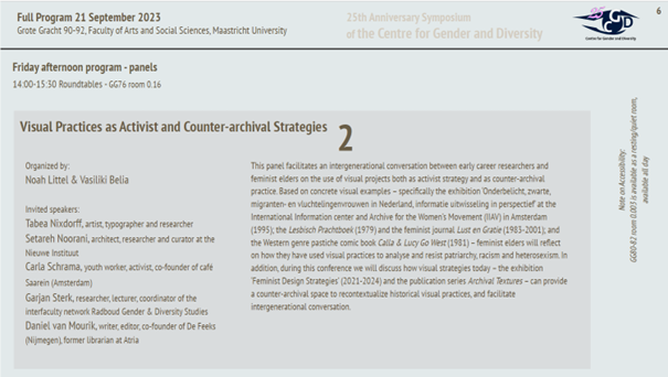 Excited for our panel  'Visual Practices as Activist and Counter-archival Strategies' during the 25th anniversary symposium 'Intergenerational Feminisms' of the Centre of Gender and Diversity at Maastricht University! There are still spots left to attend, join us on 21-22 Sept!