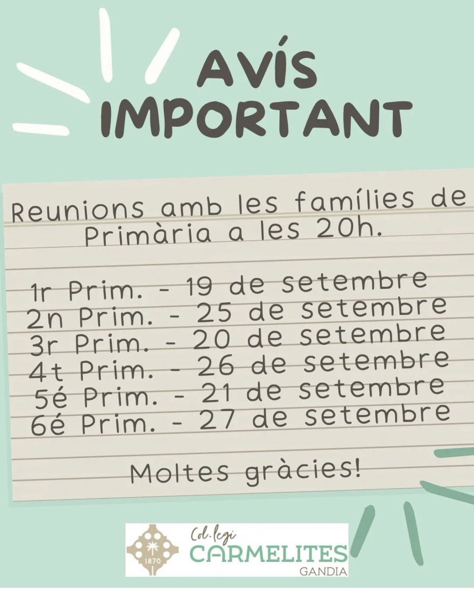 CALENDARI DE REUNIONS INICIALS AMB LES FAMÍLIES D'ALUMNES DE PRIMÀRIA.