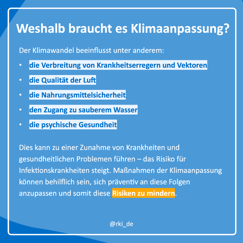rki_de's tweet photo. Es ist #WochederKlimaanpassung

Heute ab 10 Uhr: Fachgespräch zum 2. Teil des #RKI-Sachstandsberichts "Klimawandel und Gesundheit".

Leitthemen
🔵Luftverschmutzung
🔵Allergene
🔵mentale Gesundheit

Agenda und Anmeldung
➡️ https://t.co/5J55J1FGjY

#WasIstEigentlich Klimaanpassung?