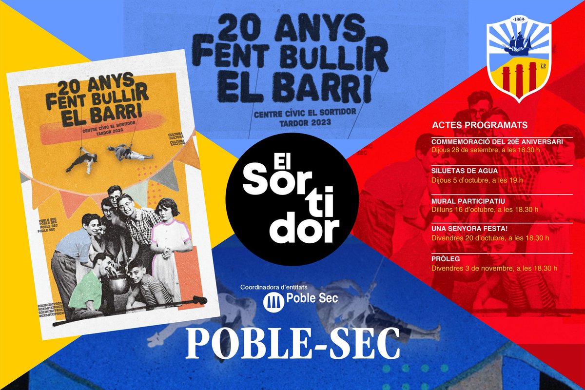 poblesequi's tweet photo. Feliç 20è aniversari Sortidors!!! Actes programats ja pels 20 anys del CC el Sortidor a partir d'aquest dijous. Cartell creat pel poble-sequí @borja__lo. 😍🅾️🅿️💙 #Poblesec  #CCSortidor #elSortidor20anys #OrgullPoblesequi https://t.co/h9YiYoGqFU