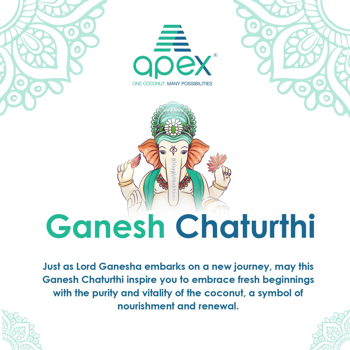 ApexCoconuts's tweet photo. Celebrating #GaneshChaturthi with Apex, where just as the coconut symbolizes nourishment and new beginnings, our journey is a fusion of prosperity and sustainability. May Lord Ganesha bless us with wisdom, unity, and a fruitful future. 🥥

#CoconutsofIndia #Sustainability #Apex https://t.co/EiFk1iFXJY