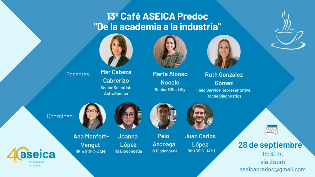 JuanCarlosLpz13's tweet photo. 🔴ATENCIÓN Predocs de @ASEICAnews. El próximo jueves día 28 tenemos nuevo Café Predoc sobre el paso de la academia a la industria con las doctoras @CabezaCabrerizo @mnocelo y Ruth González, que nos hablarán de su experiencia y cómo es este cambio. ¡No os lo perdáis! #ASEICAJoven https://t.co/4swUQDZhJa