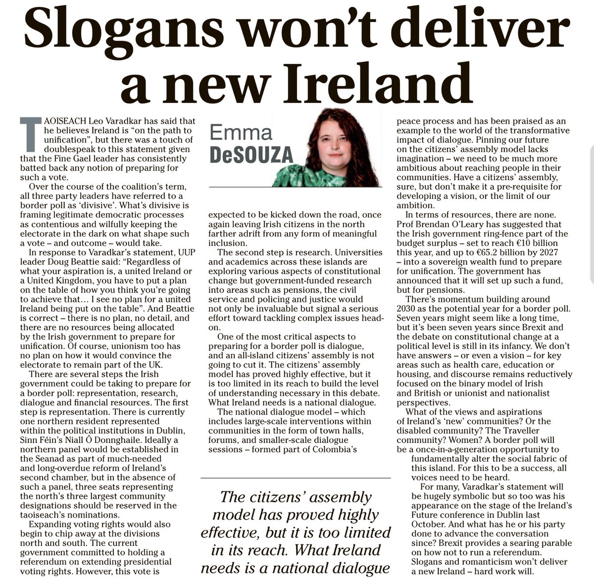 “Universities and academics across these islands are exploring various aspects of constitutional change but government funded research … would not only be invaluable but signal a serious effort toward tackling complex issues head-on.” ~Emma DeSouza, The Irish News ☕️🥐