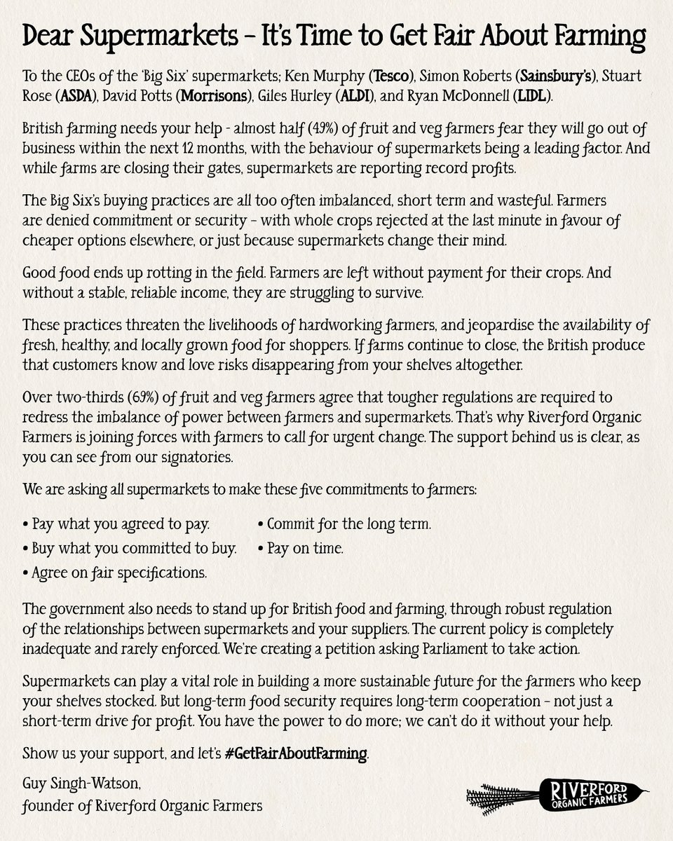 Dear supermarkets, we need to get fair about farming... We've written an open letter to the CEOS of @Tesco @sainsburys @asda @Morrisons @AldiUK @LidlGB calling for change to save British family farms. Find out more and sign our petition at getfairaboutfarming.co.uk