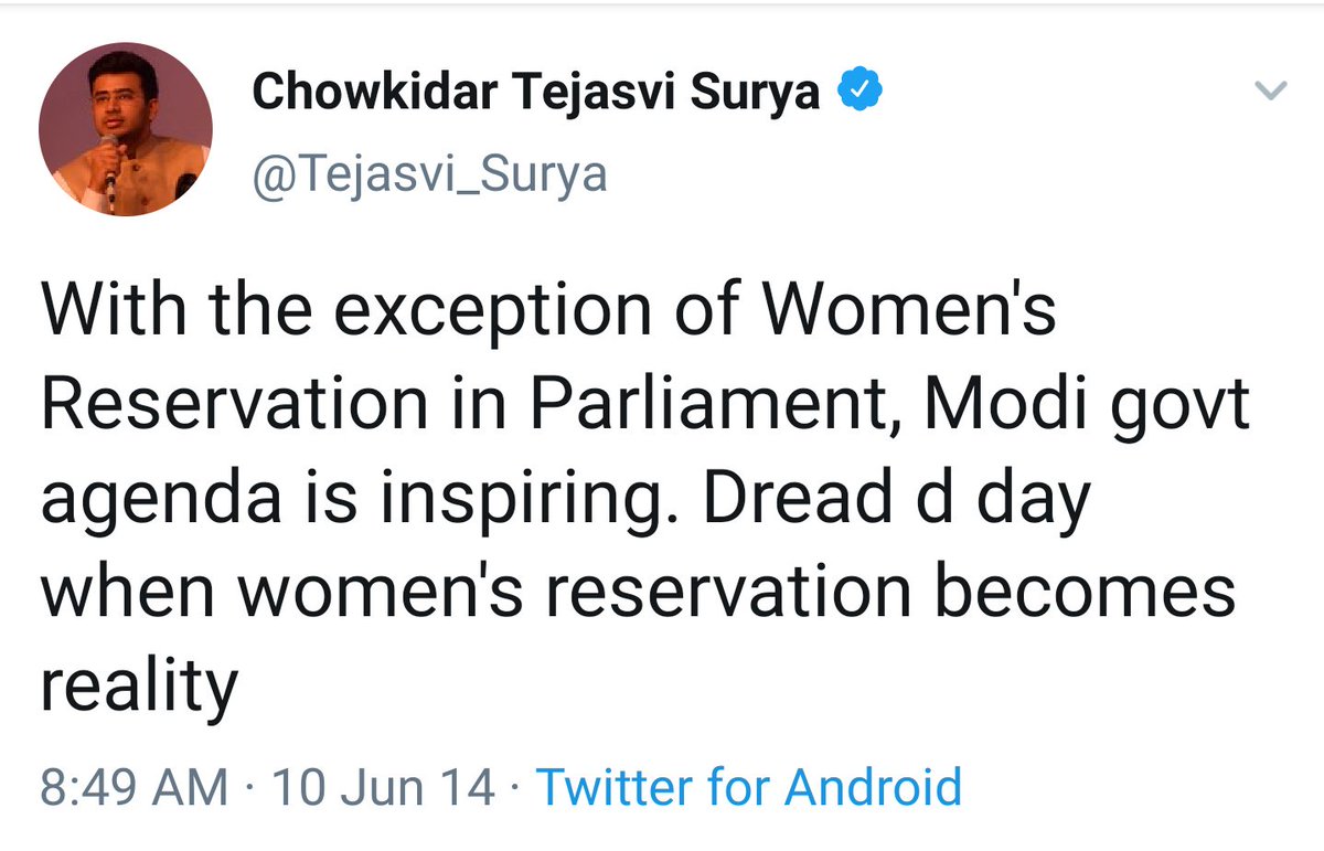 “Dread the day when Women's reservation becomes reality” @Tejasvi_Surya's deleted tweet. #WomenReservationBill