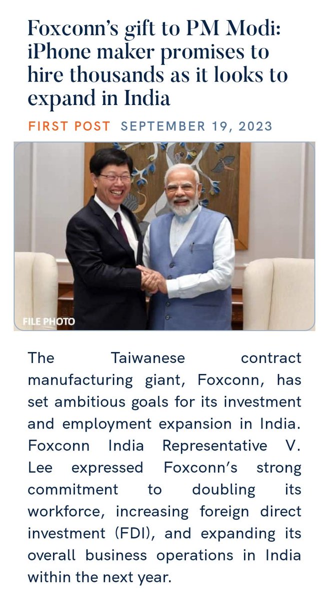 Margaba09909989's tweet photo. Foxconn’s gift to PM Modi: iPhone maker promises to hire thousands as it looks to expand in India https://t.co/ScxHn93kZt