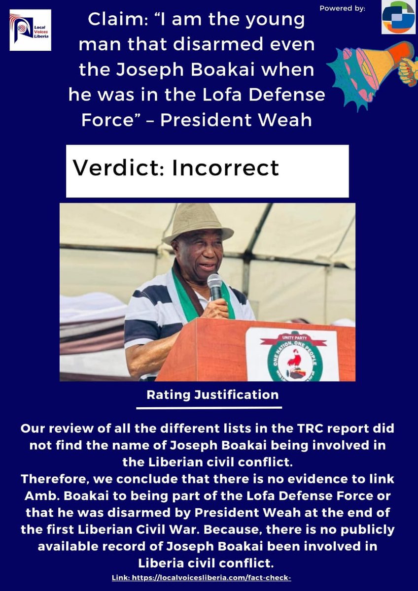 Local Voices Liberia Fact Check (@lvlfactcheck) on Twitter photo #FactCheck: Claim by President <a href="/GeorgeWeahOff/">George Weah</a> he disarmed #JoeBoakai at the end of #LiberiaCivilWar is misleading. Here's why 👇🏾
localvoicesliberia.com/fact-check-no-…
<a href="/NECLiberia/">NEC Liberia</a> <a href="/Ibnyei/">IB Nyei</a> <a href="/ecowas_cedeao/">Ecowas - Cedeao</a> <a href="/EU_Commission/">European Commission</a> <a href="/AlasMoJ/">Alaskai M. Johnson</a> <a href="/AlphaSenkpeni1/">Alpha Daffae Senkpeni</a>
#LiberiaDecides2023 #FactCheck: Claim by President <a href="/GeorgeWeahOff/">George Weah</a> he disarmed #JoeBoakai at the end of #LiberiaCivilWar is misleading. Here's why 👇🏾
localvoicesliberia.com/fact-check-no-…
<a href="/NECLiberia/">NEC Liberia</a> <a href="/Ibnyei/">IB Nyei</a> <a href="/ecowas_cedeao/">Ecowas - Cedeao</a> <a href="/EU_Commission/">European Commission</a> <a href="/AlasMoJ/">Alaskai M. Johnson</a> <a href="/AlphaSenkpeni1/">Alpha Daffae Senkpeni</a>
#LiberiaDecides2023