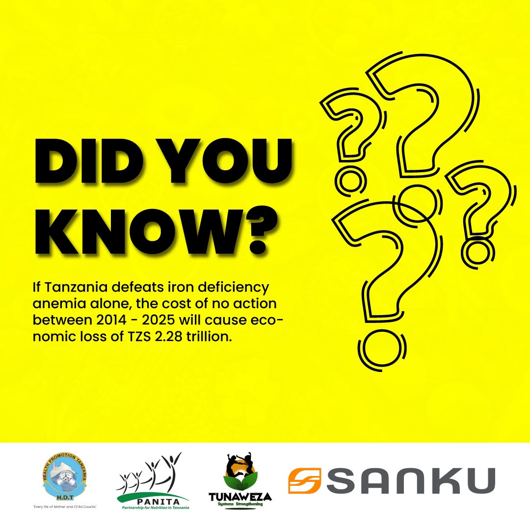 TunawezaOrgani2's tweet photo. Did you know? If Tanzania defeats iron deficiency anemia alone, the cost of no action between 2014 - 2025 will cause economic loss of TZS 2.28 trillion. We urge GoT to expand coverage of prevention and control of anemia in the country @SuluhuSamia @ummymwalimu @mwigulunchemba1 https://t.co/sZPepYbp8Z