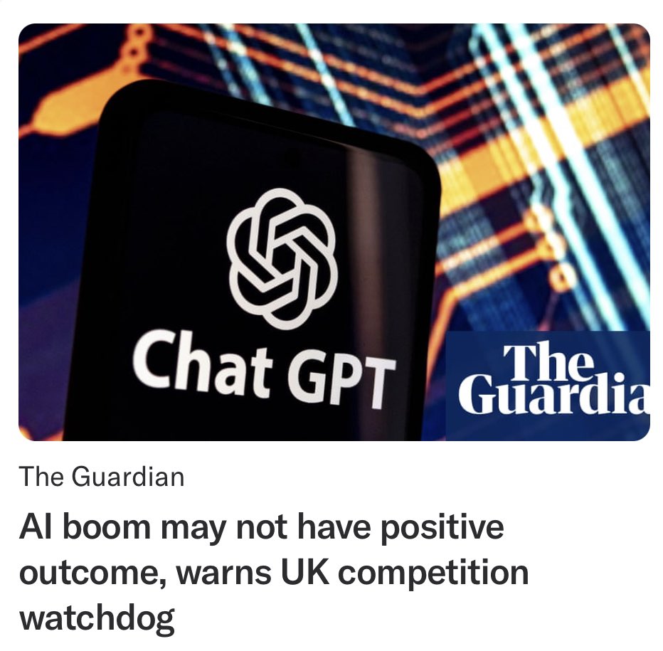 hubertusbecker's tweet photo. AI’s unchecked growth: boon or bane? UK’s Competition and Markets Authority weighs in on potential risks and rewards. Dive deep into the debate: https://t.co/Mp9wtm3i6O #AI #AIWatchdog #TechDebate #FutureOfAI https://t.co/n0qGPtXo5X