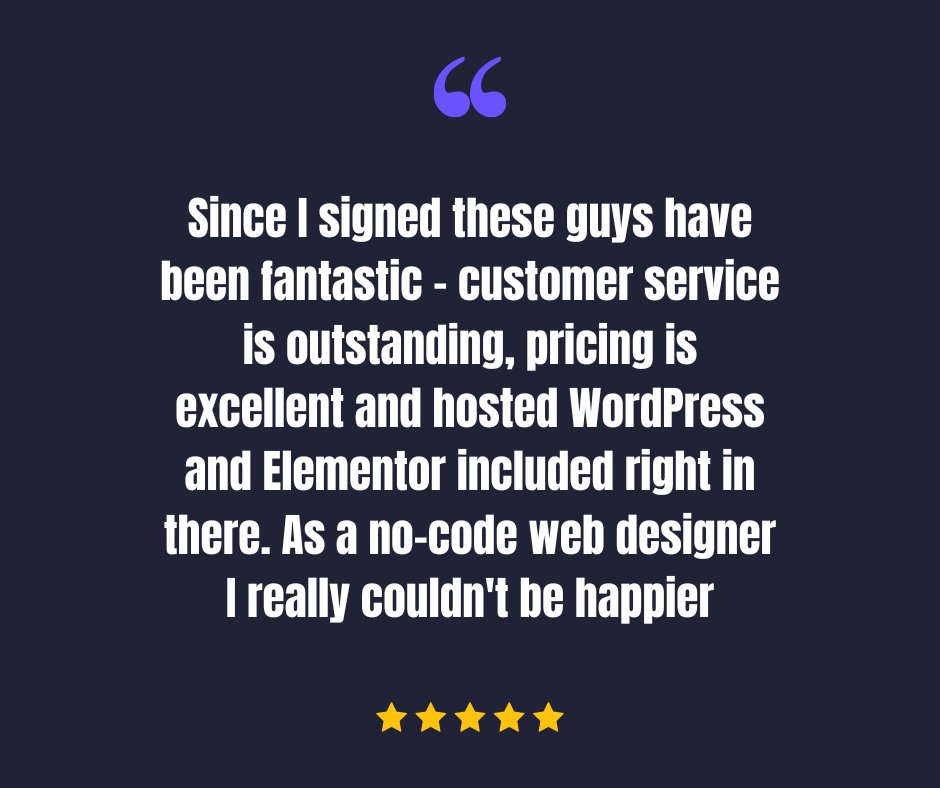 WebPowerHQ's tweet image. Another 5 Star Review for WebPower :

⭐⭐⭐⭐⭐

&quot;Since I signed these guys have been fantastic - customer service is outstanding, pricing is excellent and hosted WordPress and Elementor included right in there. As a no-code web designer I really couldn&apos;t be happier.&quot;