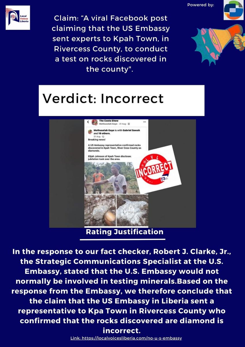 Local Voices Liberia Fact Check (@lvlfactcheck) on Twitter photo #FactCheck: #Facebook claims that <a href="/embassymonrovia/">U.S. Embassy Monrovia</a> deployed a staff to test a rock believed by locals to be #diamonds is misleading. We checked, and here's the detail 👇🏾 localvoicesliberia.com/no-u-s-embassy…
<a href="/Ibnyei/">IB Nyei</a> <a href="/AlphaSenkpeni1/">Alpha Daffae Senkpeni</a> <a href="/Internews_LIB/">Internews in Liberia</a> <a href="/MicatLiberia/">MICAT Liberia</a> <a href="/AfricaCheck/">Africa Check</a> <a href="/JewelHTaylorOff/">Jewel Howard Taylor</a> #FactCheck: #Facebook claims that <a href="/embassymonrovia/">U.S. Embassy Monrovia</a> deployed a staff to test a rock believed by locals to be #diamonds is misleading. We checked, and here's the detail 👇🏾 localvoicesliberia.com/no-u-s-embassy…
<a href="/Ibnyei/">IB Nyei</a> <a href="/AlphaSenkpeni1/">Alpha Daffae Senkpeni</a> <a href="/Internews_LIB/">Internews in Liberia</a> <a href="/MicatLiberia/">MICAT Liberia</a> <a href="/AfricaCheck/">Africa Check</a> <a href="/JewelHTaylorOff/">Jewel Howard Taylor</a>