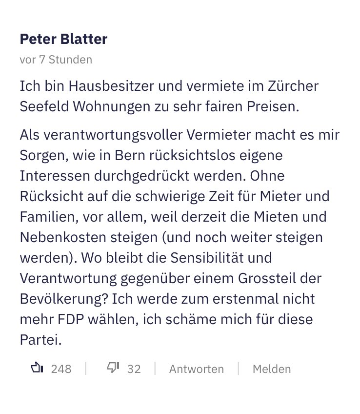 Nach dem gestrigen Entscheid zur Veränderung des Mietrechts zugunsten der Eigentümer:innen, tut es gut, solche Kommentare zu lesen. Wir haben es in der Hand, wen wir nach Bern schicken: Für Mieter:innen z.B. <a href="/al_zuerich/">Alternative Liste Zürich</a> #liste8 
#waswärewenn