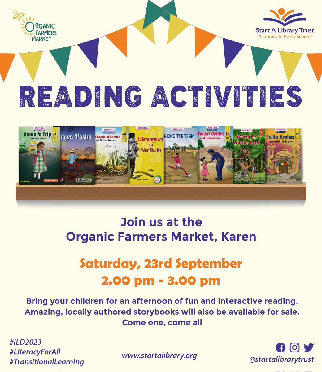 startalibrary's tweet photo. Join us this Saturday at the @OFMNairobiKE for an afternoon full of fun and exciting reading activities!
We invite you and your loved ones to experience the joy of captivating stories.
Come one,come all!
For any enquiries, contact 0716033433
#readingactivities #literacy https://t.co/05MBBR2mkZ